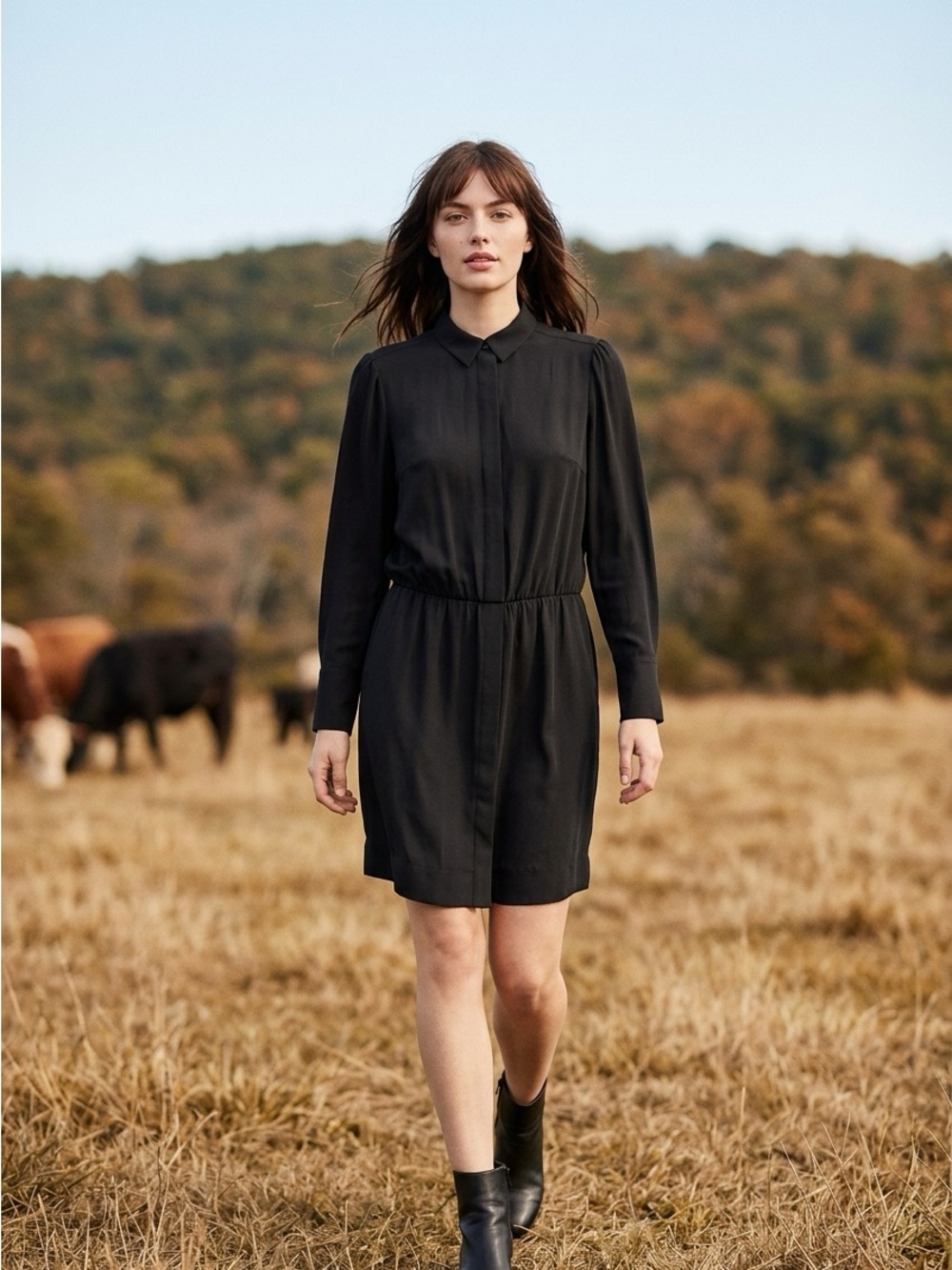 Classic Black Long-Sleeve Shirt Dress